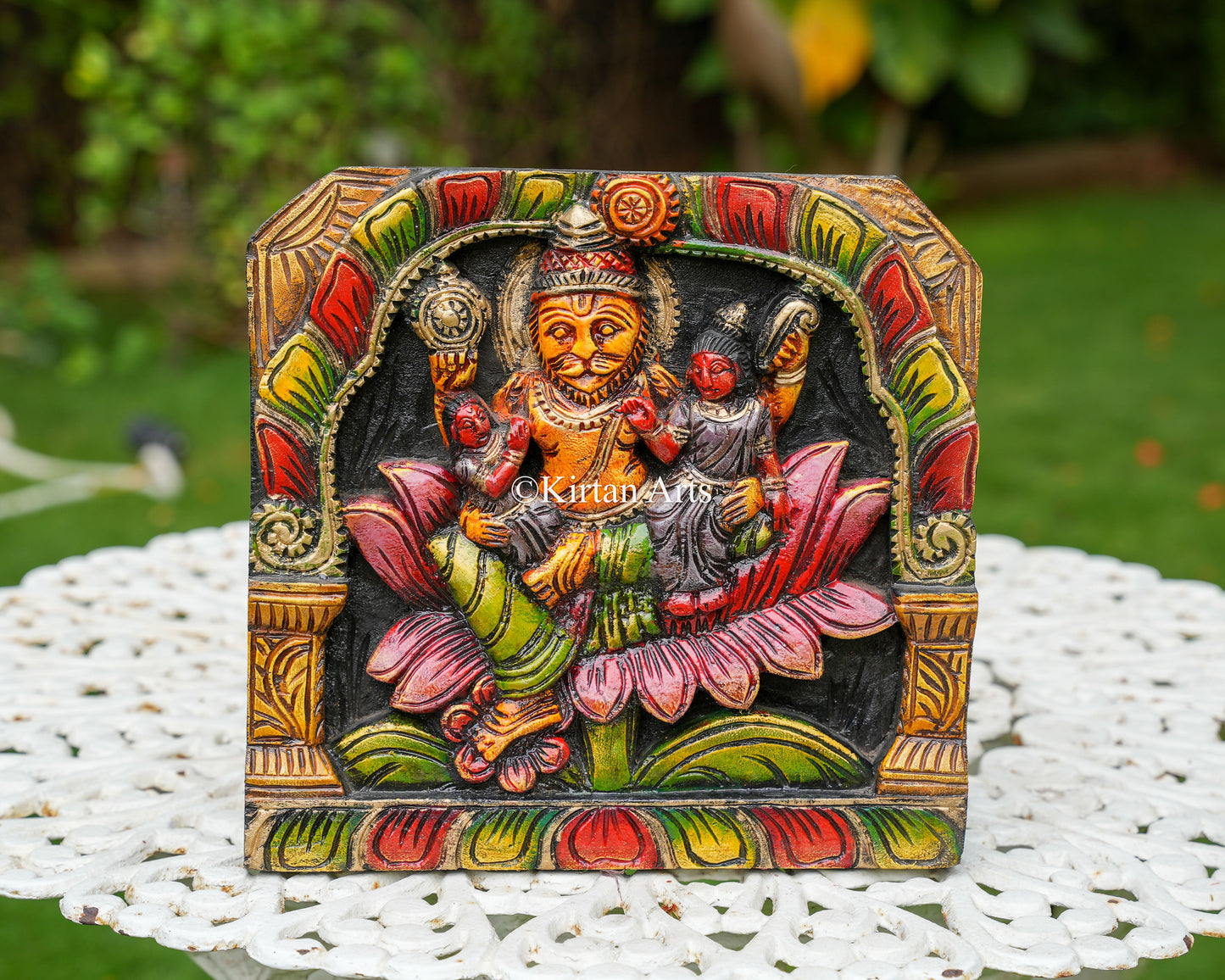 Hand-Carved Solid Wood Lakshmi Narasimha Panel – 12-Inch Traditional Polychrome Wall Art Plaque