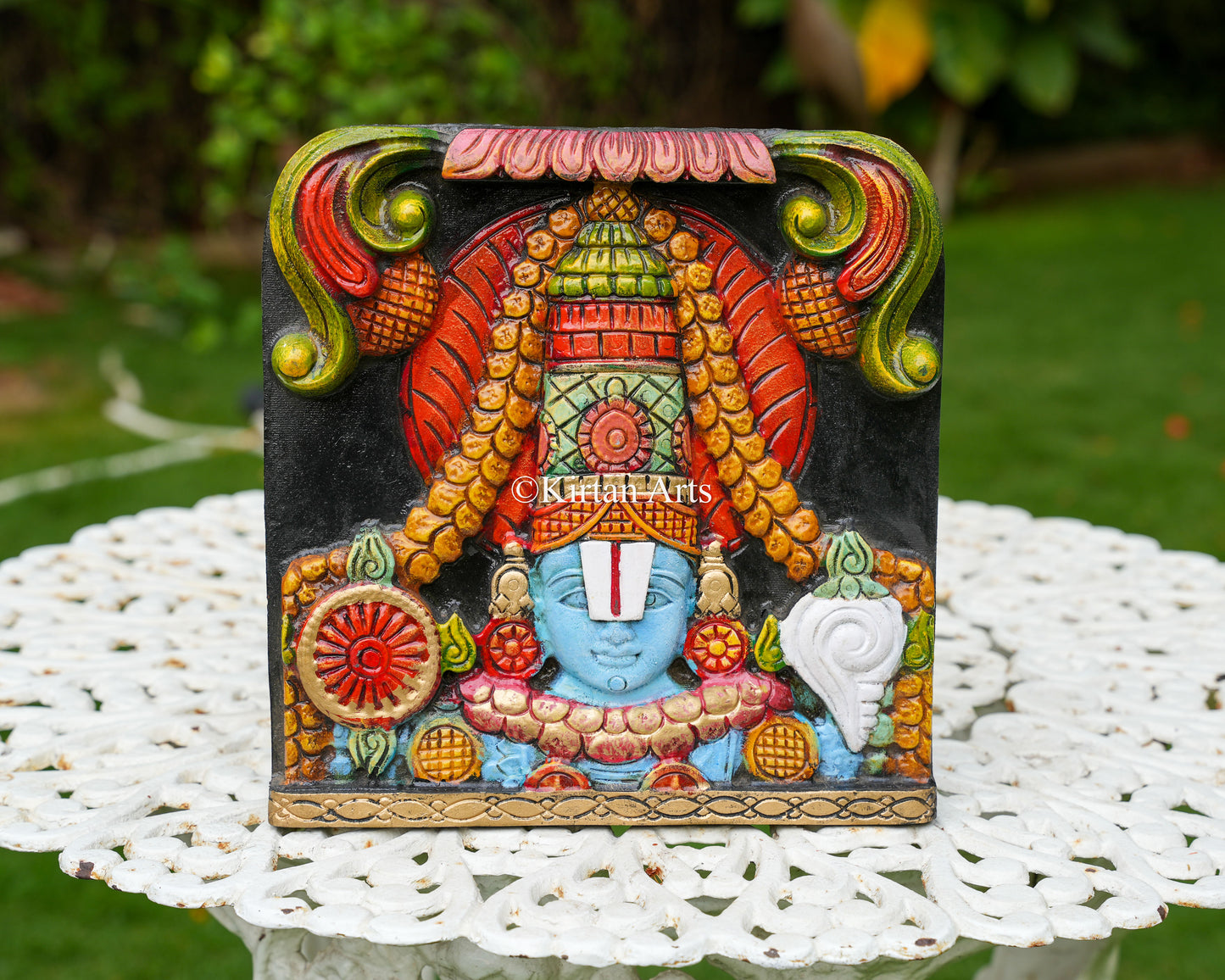 Hand-Carved Solid Wood Lord Venkateswara Face Panel – 12-Inch Traditional Tirupati Balaji Polychrome Wall Art Plaque