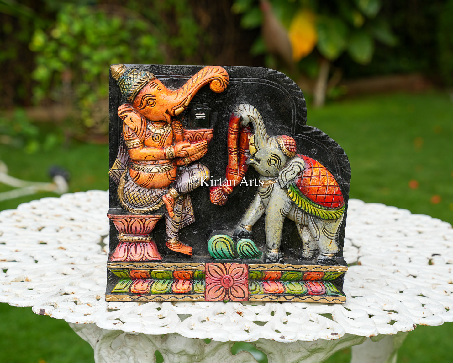 Hand-Carved Solid Wood Ganesha and Elephant Panel – 12-Inch Traditional Shiva Lingam Worship Polychrome Wall Art Plaque