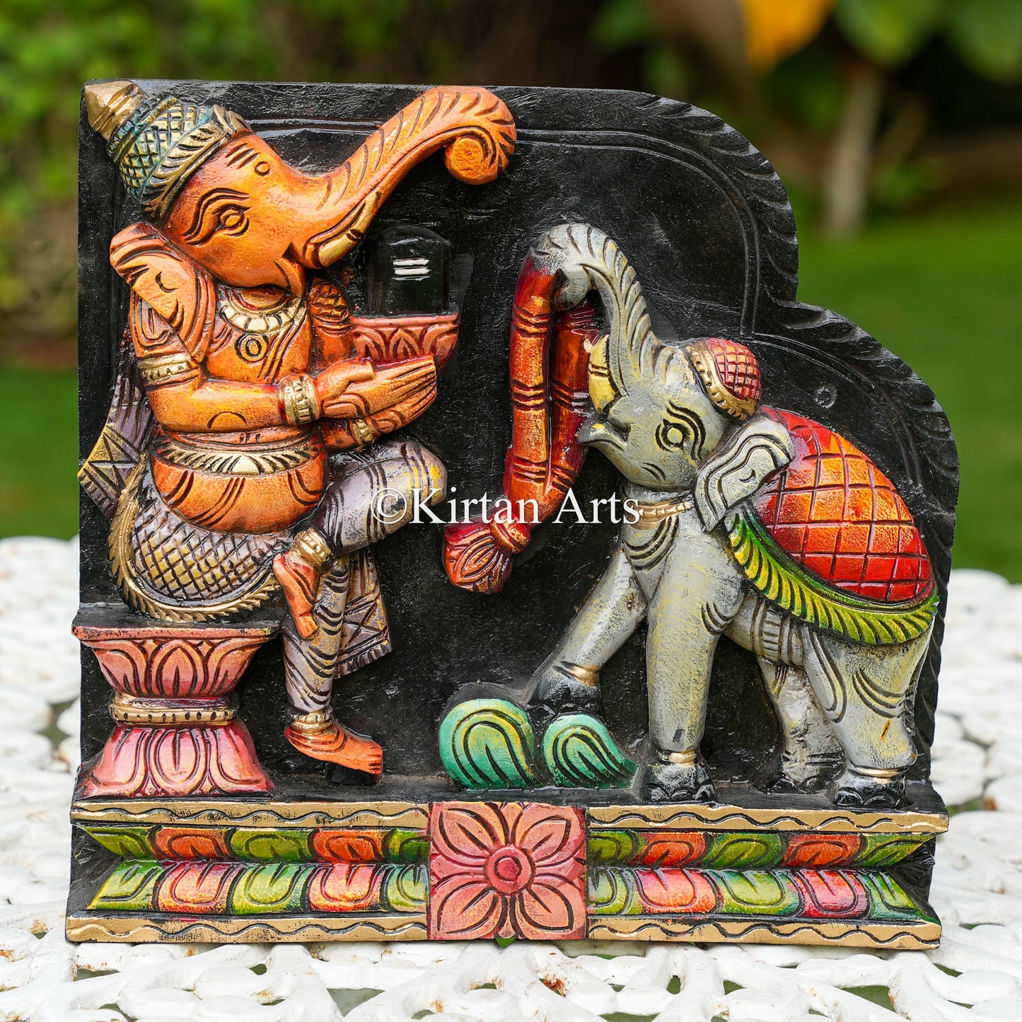 12" Hand-Carved Ganesha and Elephant Panel | Shiva Lingam Worship