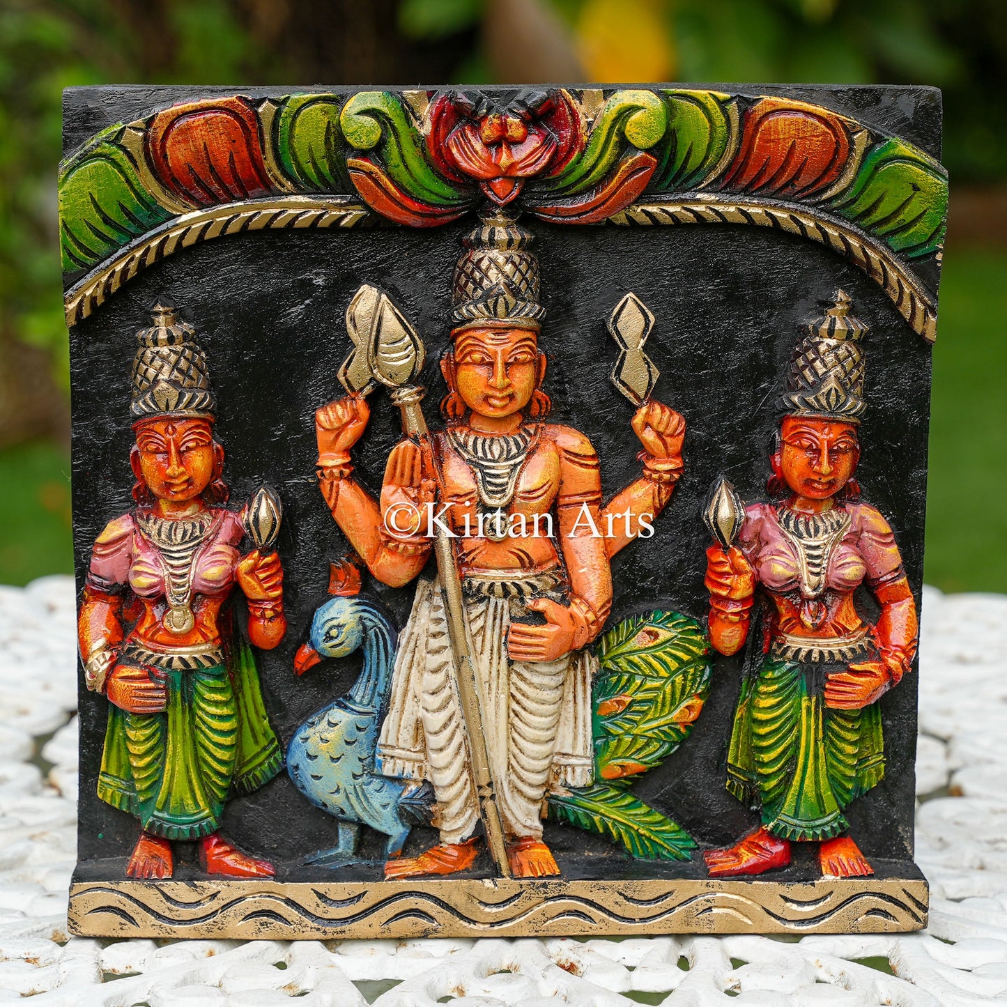 12" Hand-Carved Lord Murugan Panel – Traditional Kartikeya, Valli, and Deivanai Wall Art