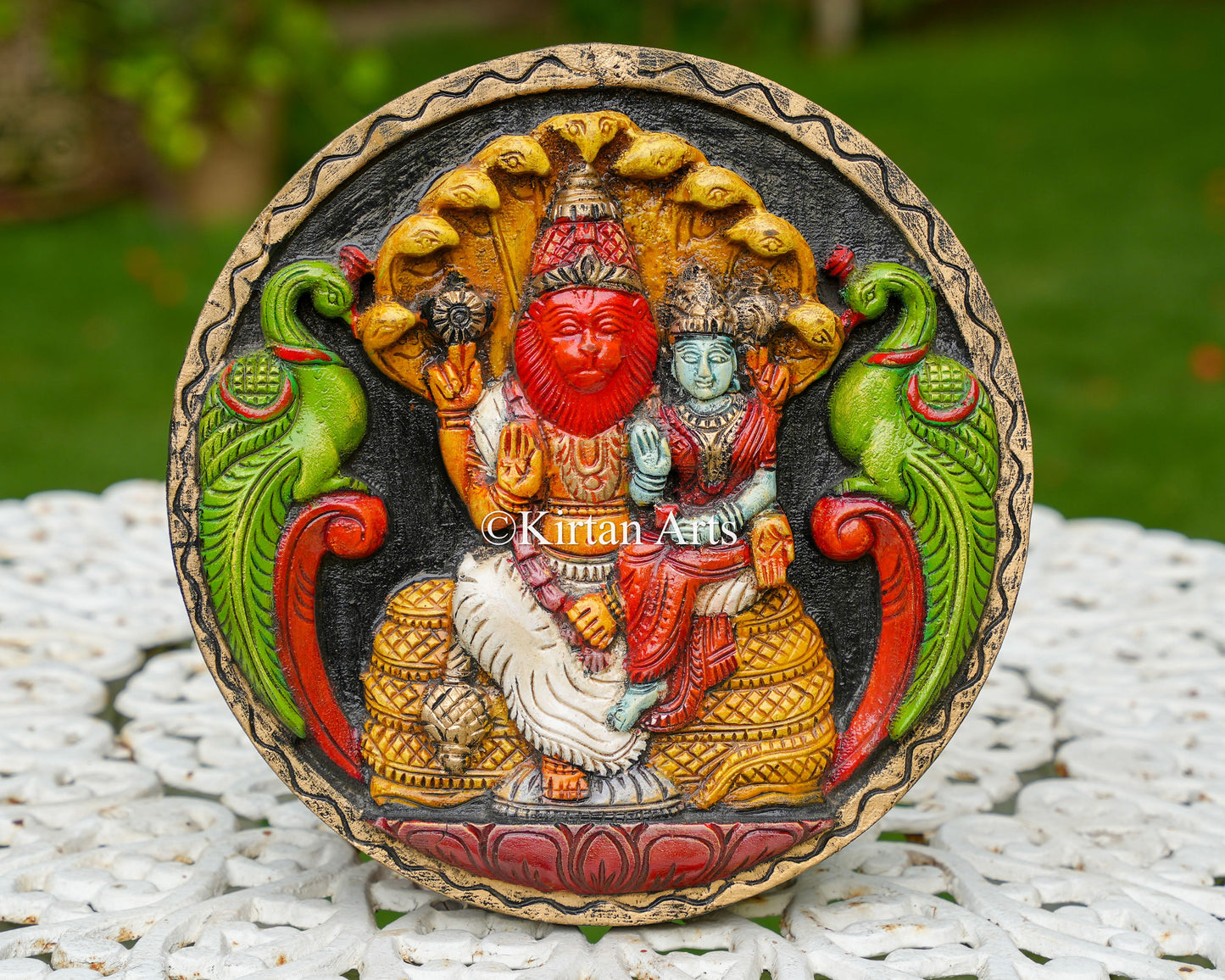 12" Hand-Carved Wooden Lakshmi Narasimha Circular Panel