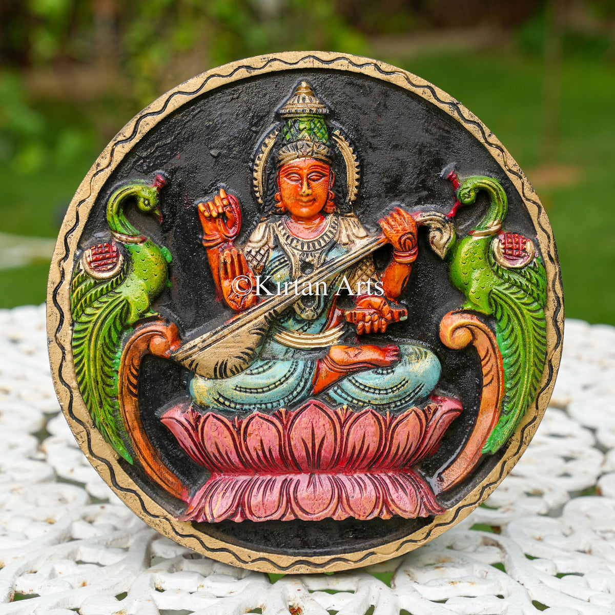 12" Hand-Carved Saraswati Circular Panel