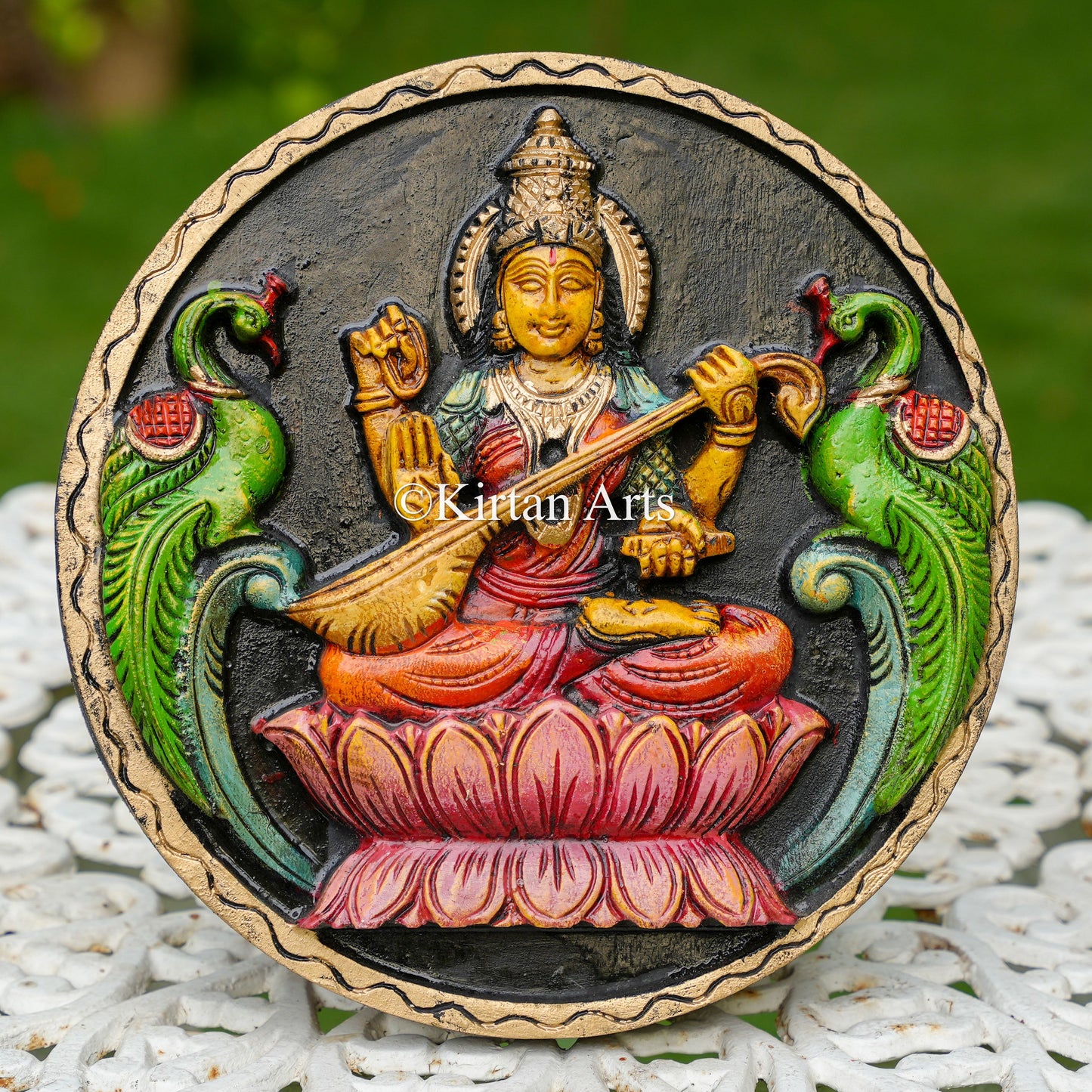 12" Hand-Carved Goddess Saraswati Circular Panel