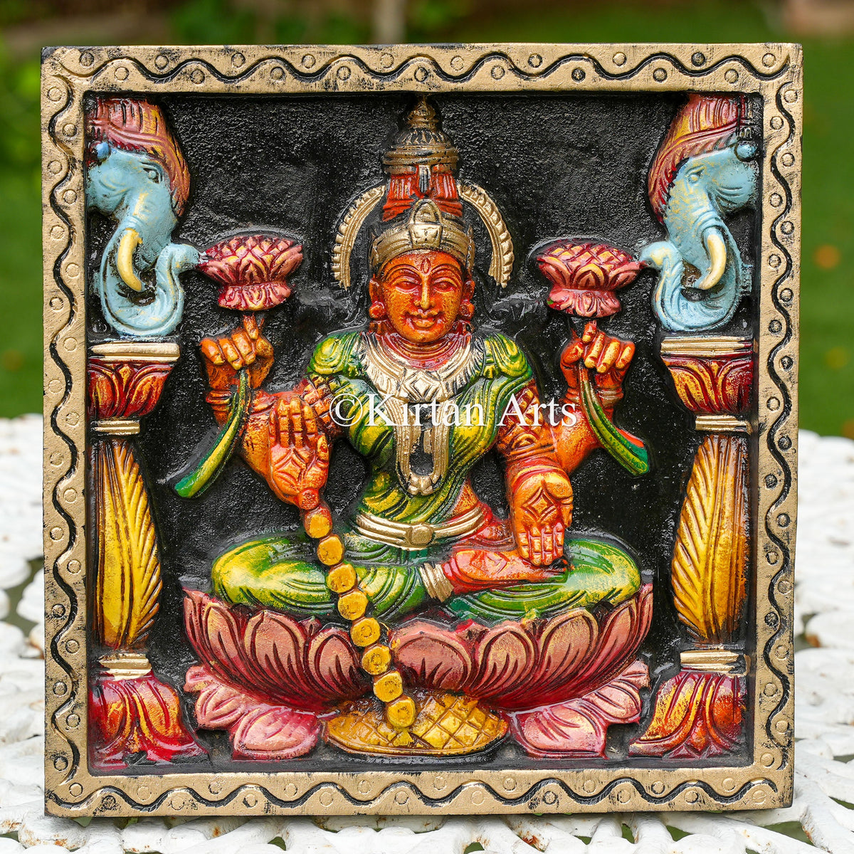 12" Hand-Carved Solid Wood GajaLakshmi Panel