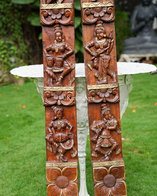 Hand-Carved Solid Wood Dancing Forms Vertical Panels – 72x6 Inch Traditional Classical Dancer & Musician Polychrome Doorway Border (Pair)