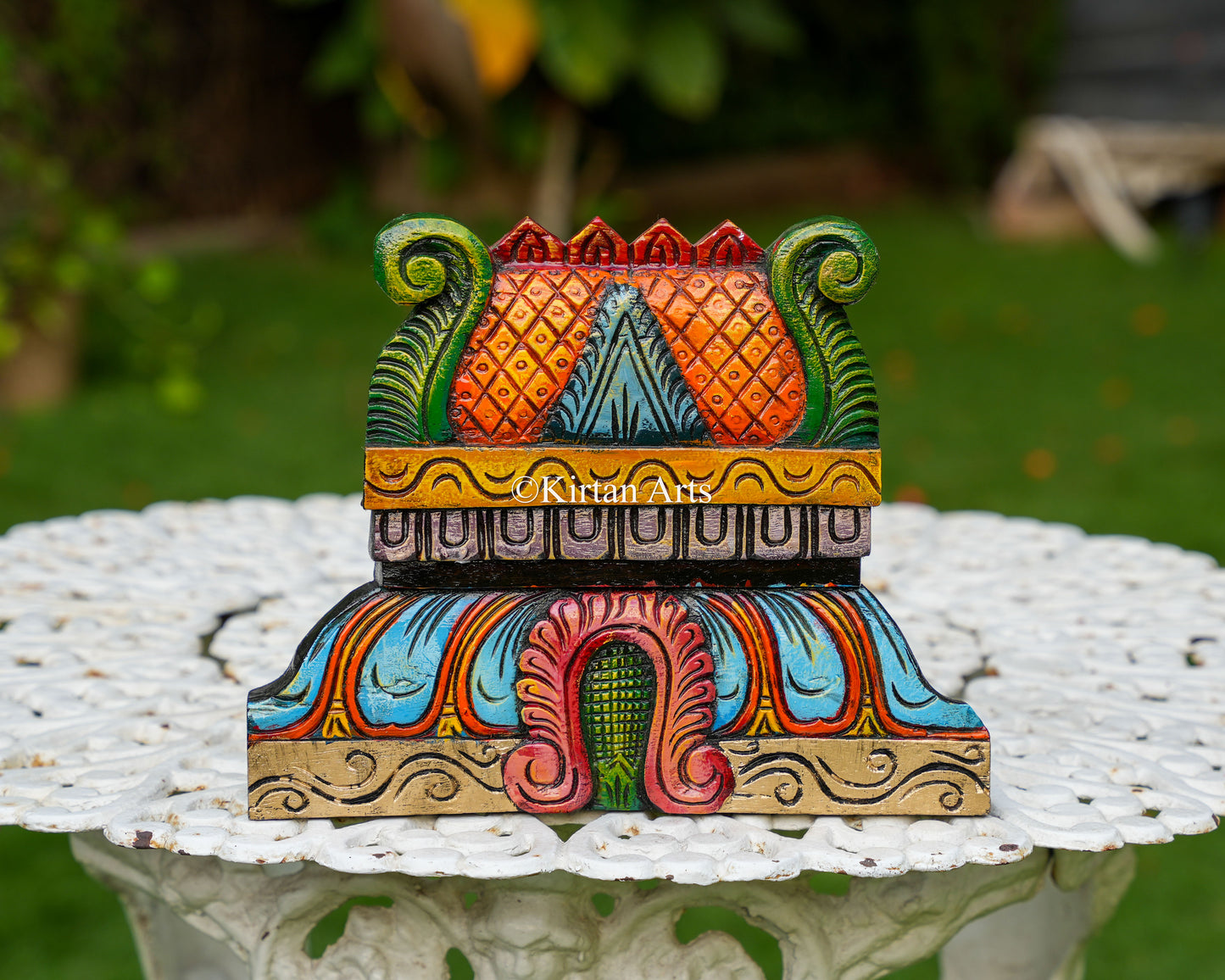 Hand-Carved Solid Wood Gopuram Wall Art – 12-Inch Traditional South Indian Temple Ridge Polychrome Plaque