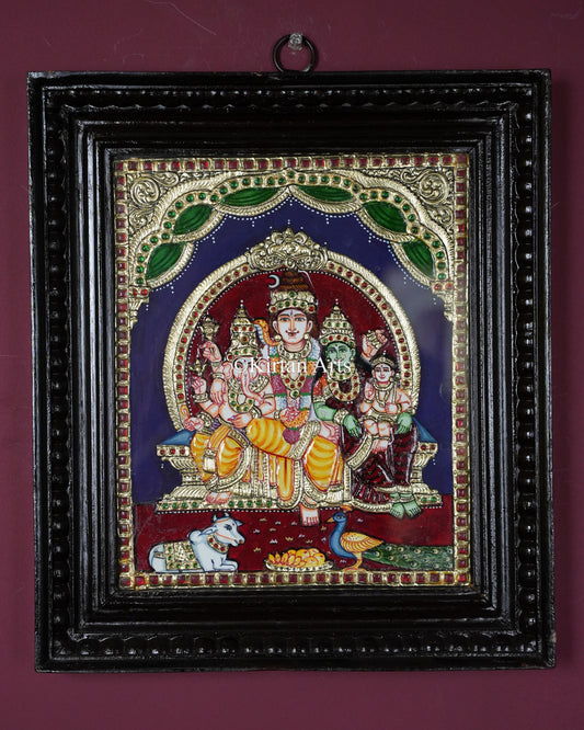 Divine Shiva Parivar Tanjore Painting – 12x10 Inch Traditional Gold Foil Wall Art (15x13 Inches with Frame)