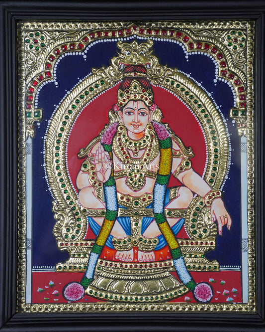 Divine Lord Ayyappa Tanjore Painting – 12x10 Inch Traditional Gold Foil Wall Art (15x13 Inches with Frame)