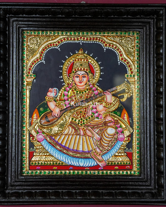 Divine Goddess Saraswati Tanjore Painting – 12x10 Inch Traditional Gold Foil Wall Art (15x13 Inches with Frame)