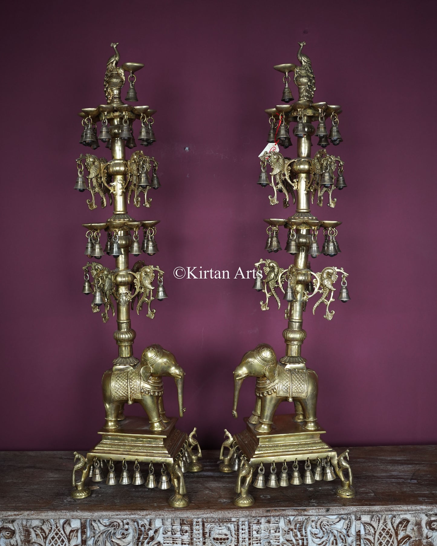 Exquisite Brass Elephant Diya Pair | 43" | Multi-Tier Lamp