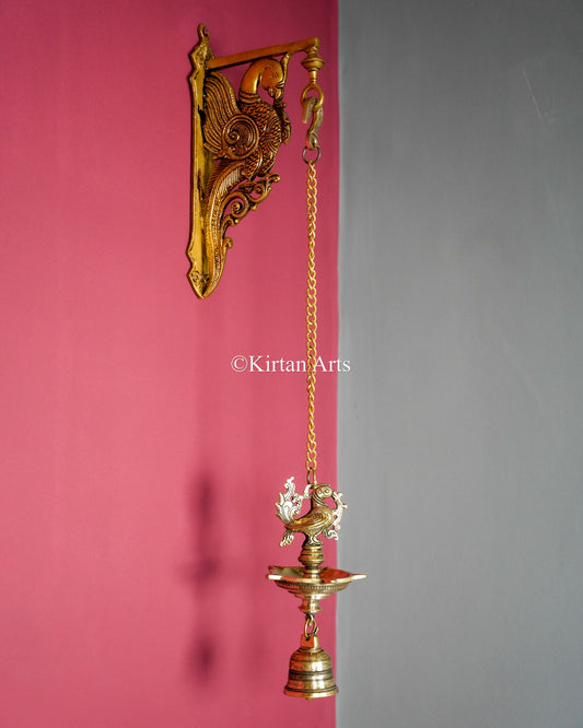 Premium Solid Brass Hanging Peacock Lamp (5 Wick) – 24-Inch Traditional Chain Diya with Carved Mayura and Bell