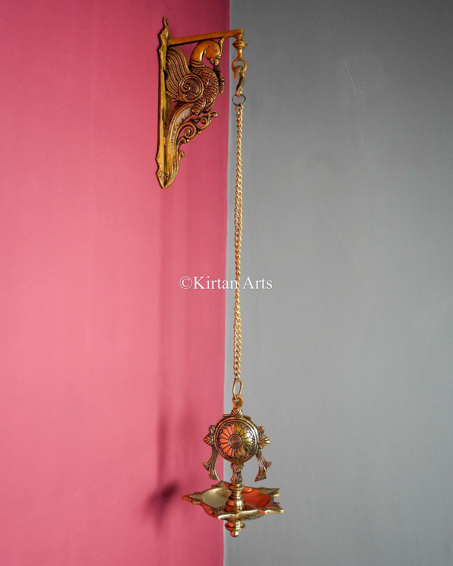 Premium Grand Solid Brass Hanging Shanku and Chakra Lamp Pair (5 Wick) – 32-Inch Traditional Chain Diya Set with Sacred Vaishnava Motifs