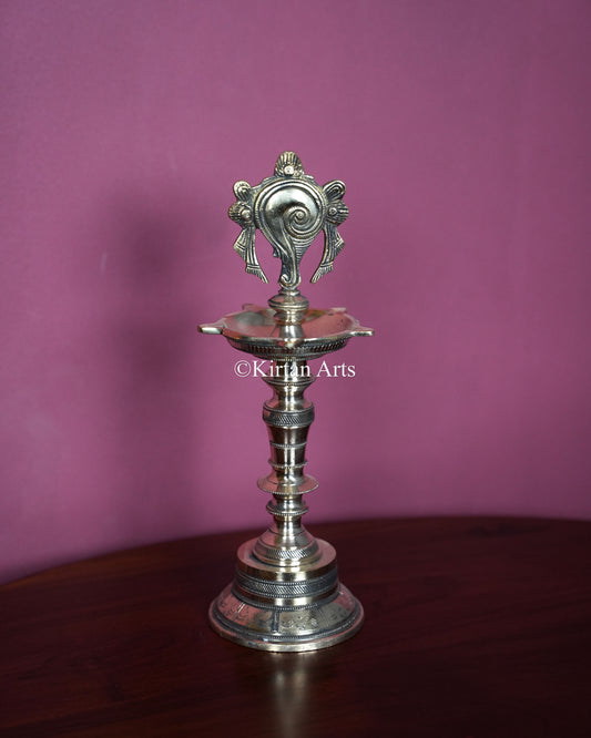 Premium Solid Brass Shankh and Chakra Standing Lamp Pair – 12-Inch Traditional Kuthu Vilakku Set with Sacred Vaishnava Crests