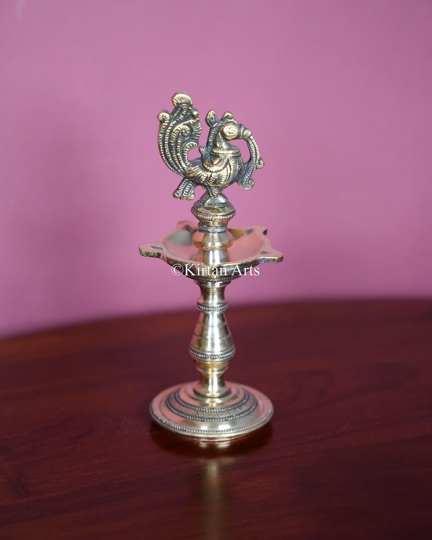 Premium Solid Brass Peacock Standing Lamp Pair – 8-Inch Traditional Tabletop Brass Kuthuvilakku Set with Carved Mayura Finials