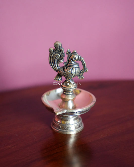 Premium Solid Brass Peacock Standing Lamp Pair(1 Wick) – 5-Inch Traditional Tabletop Brass Diya Set with Carved Mayura Finials 