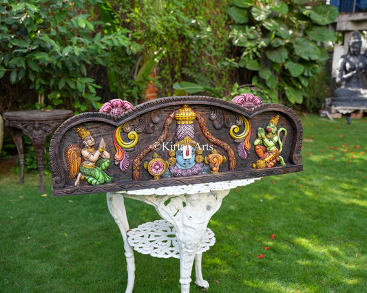 36" Tirupati Balaji Wall Panel with Hand-Painted Watercolor Finish, Garuda, and Hanuman Devotional Reliefs