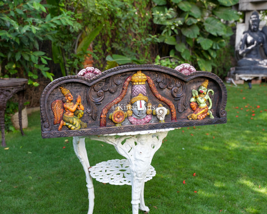 36" Premium Handcrafted Wooden Tirupati Balaji Wall Panel with Hand-Painted Watercolor Finish, Garuda, and Hanuman Devotional Reliefs