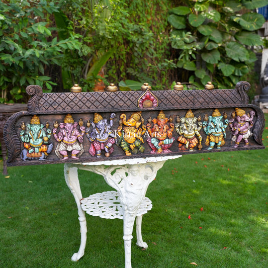 48" Hand-Carved Ashta Ganesha Wall Panel(Watercolor Finish)