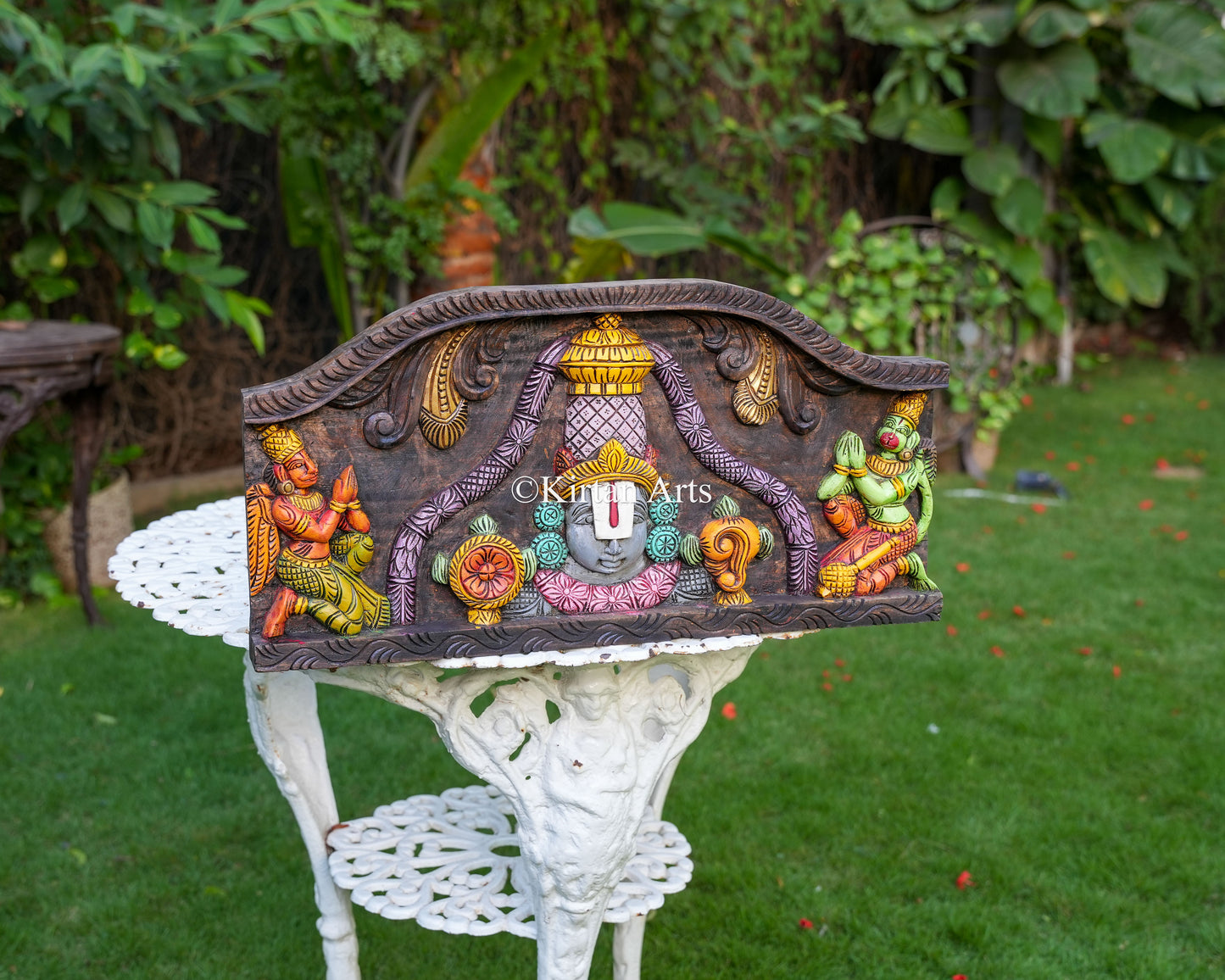 24" Premium Handcrafted Wooden Tirupati Balaji Wall Panel with Hand-Painted Watercolor Finish, Garuda, and Hanuman Devotional Reliefs