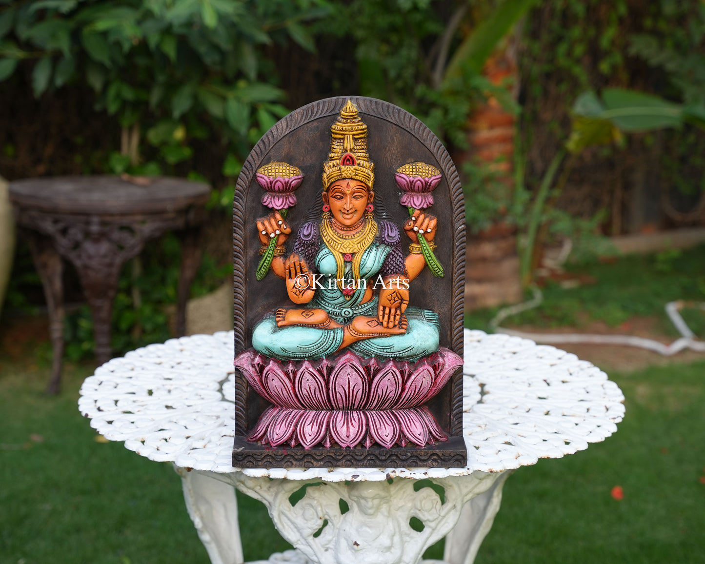 18" Hand-Carved Wooden Lakshmi Wall Panel (Watercolor Edition)