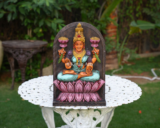 18" Hand-Carved Wooden Lakshmi Wall Panel (Watercolor Edition)