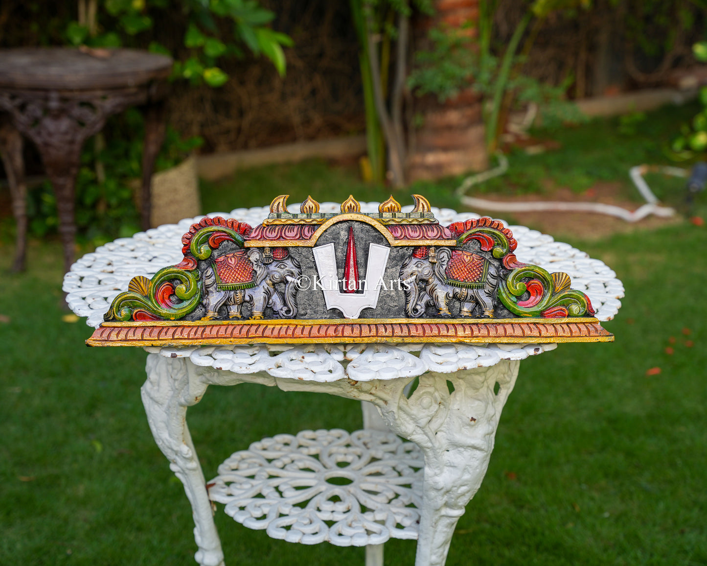 26" Hand-Carved Wooden Tirupati Namam and Elephant Header Panel