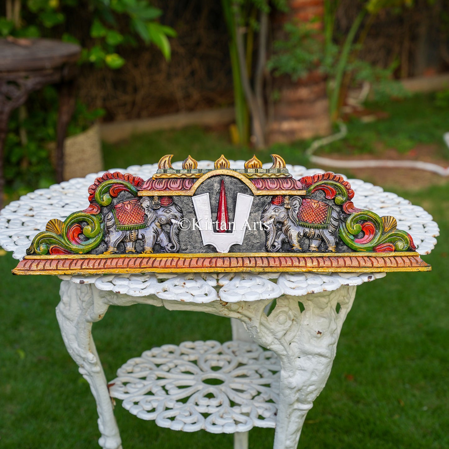 26" Hand-Carved Wooden Tirupati Namam and Elephant Panel