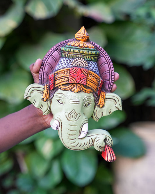 10x8 Inch Handcrafted Wooden Lord Ganesha Face Mask | Watercolors