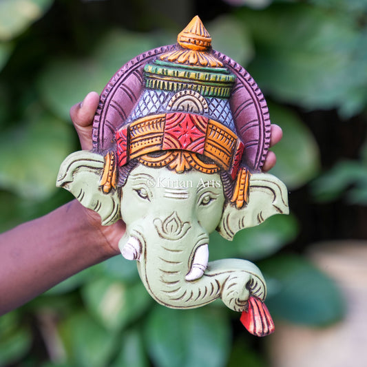 10"x8" Hand-Carved Wooden Lord Ganesha Face Mask | Watercolors