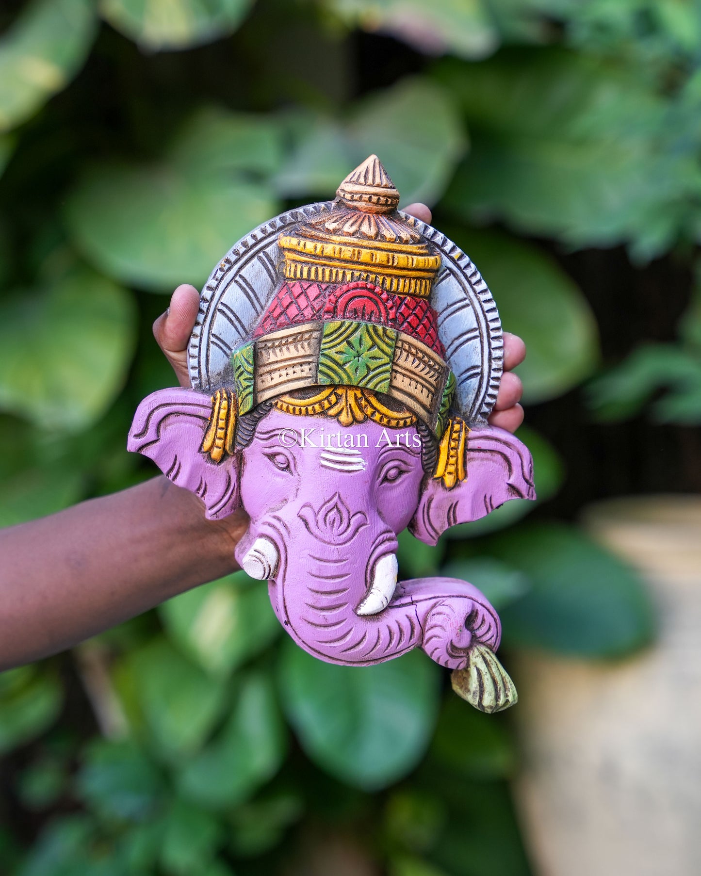 10x8 Inch Handcrafted Wooden Lord Ganesha Face Mask | Watercolors