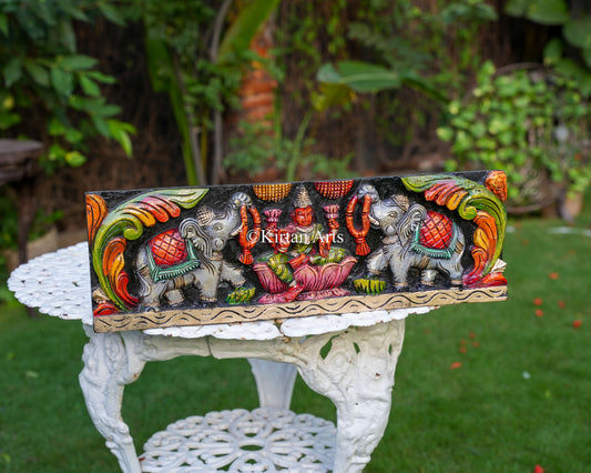 24x8 Inch Traditional South Indian Gaja Lakshmi Wooden Panel
