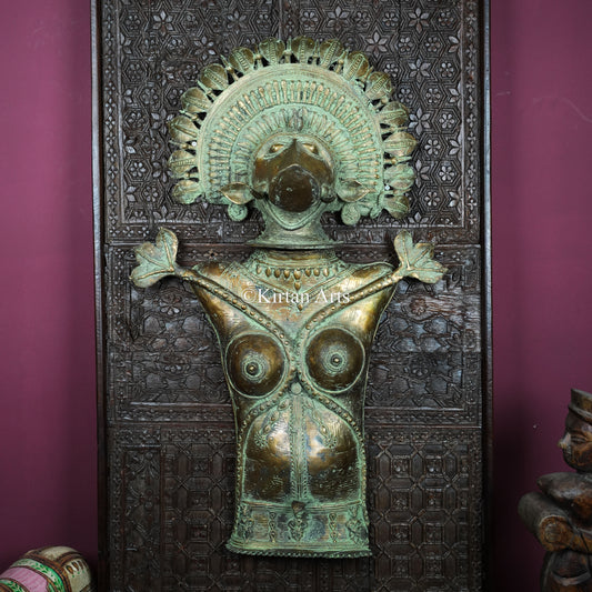 Rare Composite Brass Panjurli + Theyyam Bhadrakali Breastplate on Carved Wood Panel | Kerala & Tulu Nadu Ritual Art