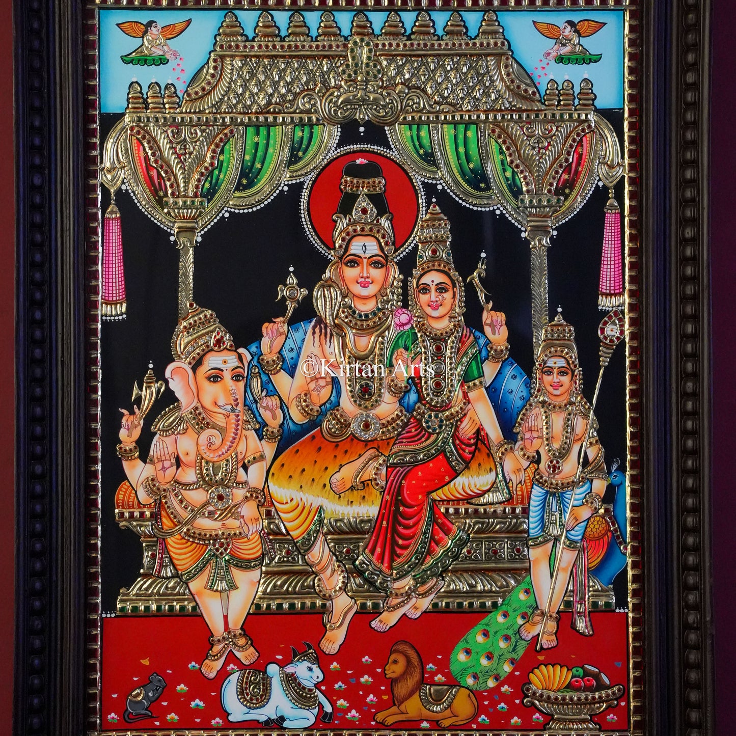 Premium Handcrafted Shiva Parvati Family Tanjore Painting – 24x18 Inch Artwork (27x21 Inch with Frame)