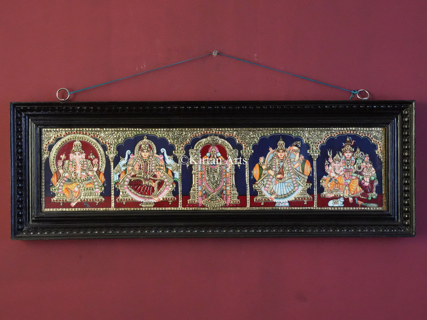 5-Deity Tanjore Painting โ 33x11 Inch Horizontal Wall Panel in 22K Gold Foil & Teakwood Frame