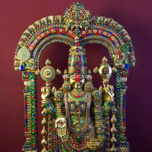 Masterpiece Brass Lord Venkateswara Statue – 56" Idol with Prabhavali & Stonework