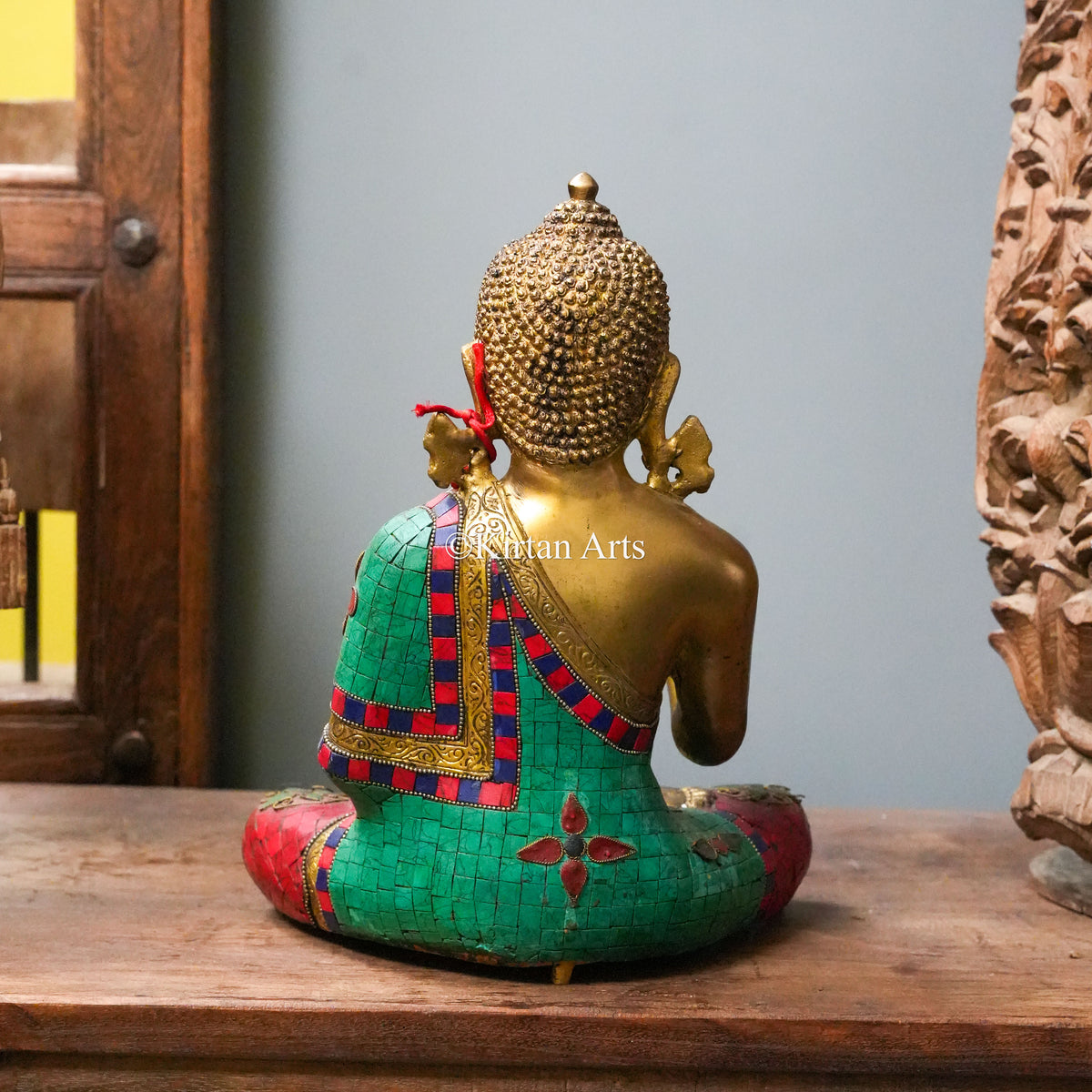 Brass Buddha Statue with Turquoise and Coral Stonework 13"