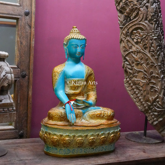 Brass Turquoise Buddha Statue with Gold Robe 21"