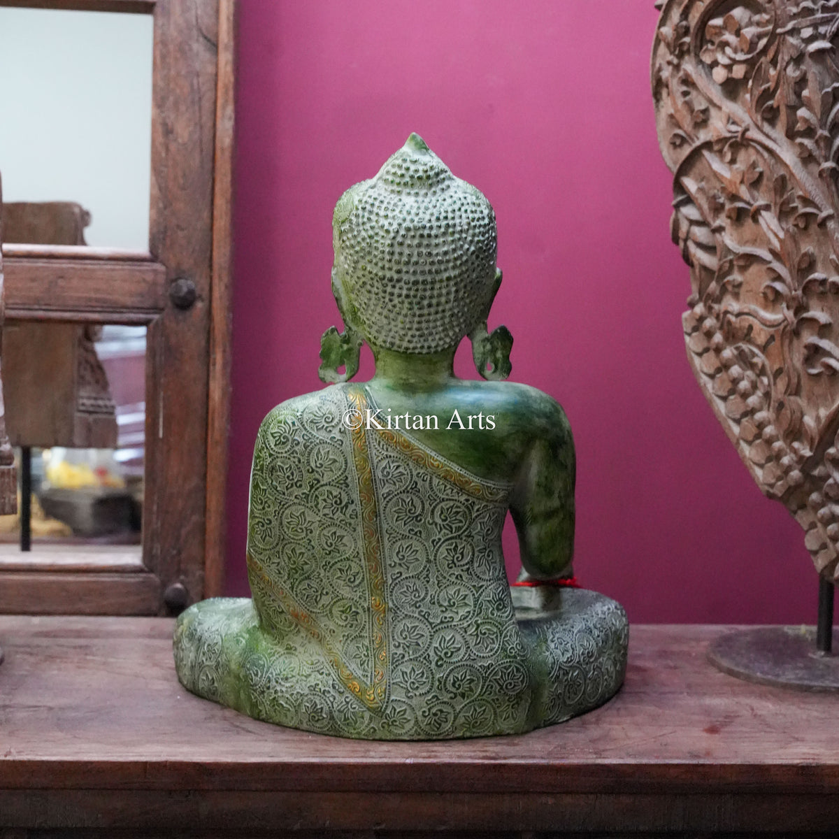 Green Patina Brass Buddha Statue with Floral Engraving 17"