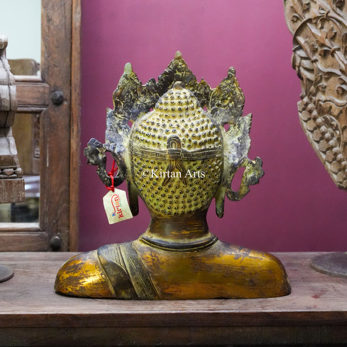 Antique Brass Crowned Buddha Bust 15"