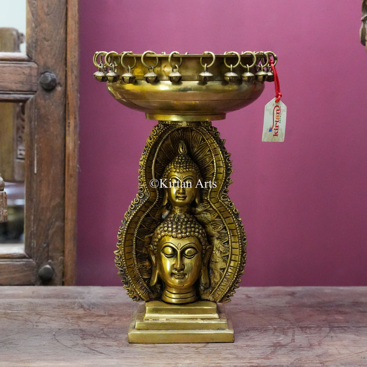 Brass Urli Bowl with Bells and Buddha Head Pedestal 13"
