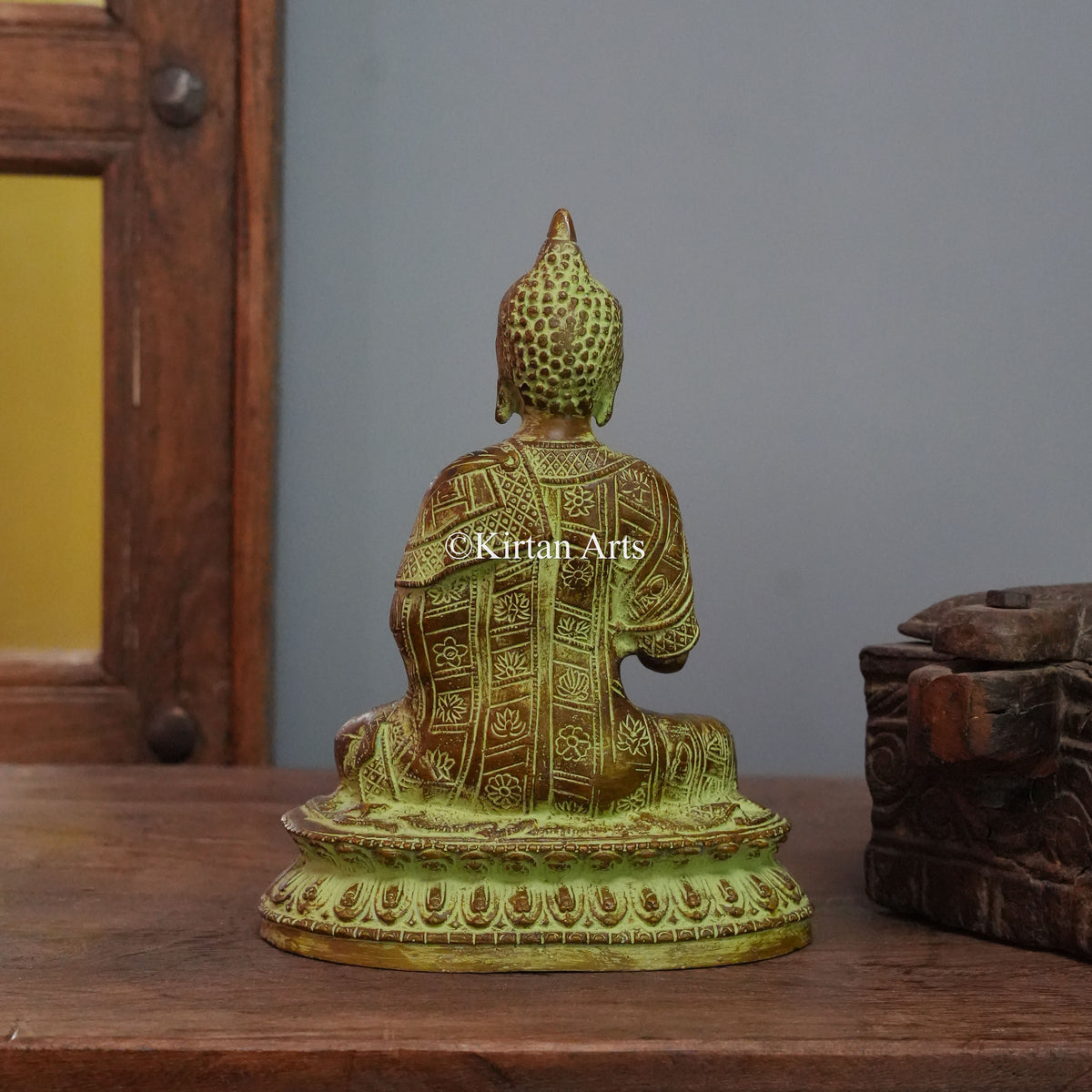 Antique Green Brass Buddha Statue with Engraved Robe 9"