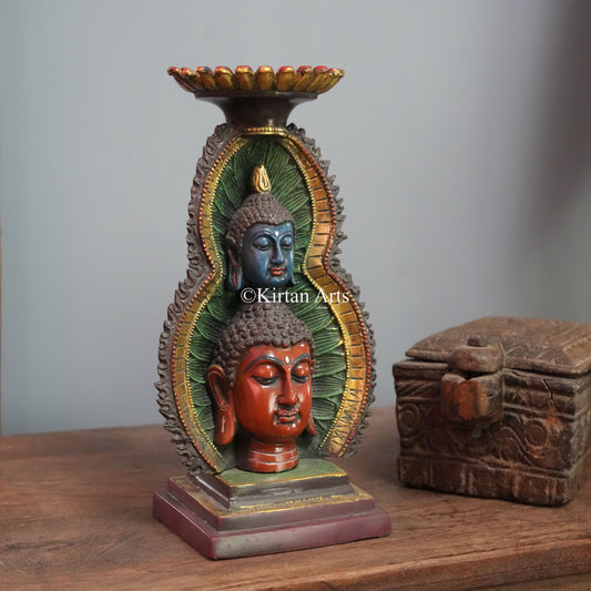 Hand-Painted Brass Double Buddha Head Candle Stand 12"