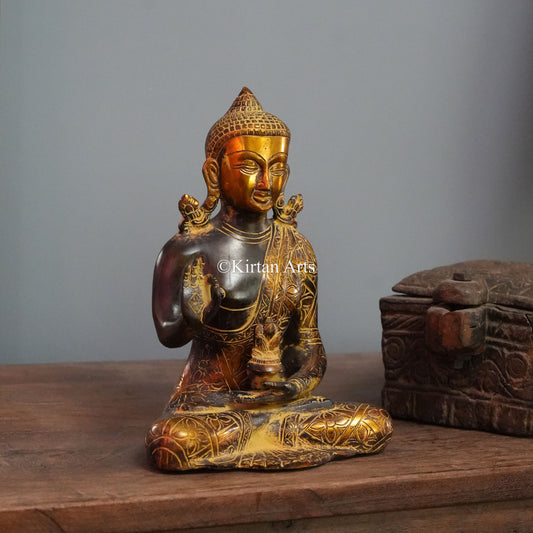 Gilded Brass Buddha Statue with Dense Floral Engraving 9.5"