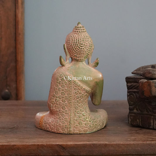 Sage Green Brass Buddha with Floral Engraved Robe 8"