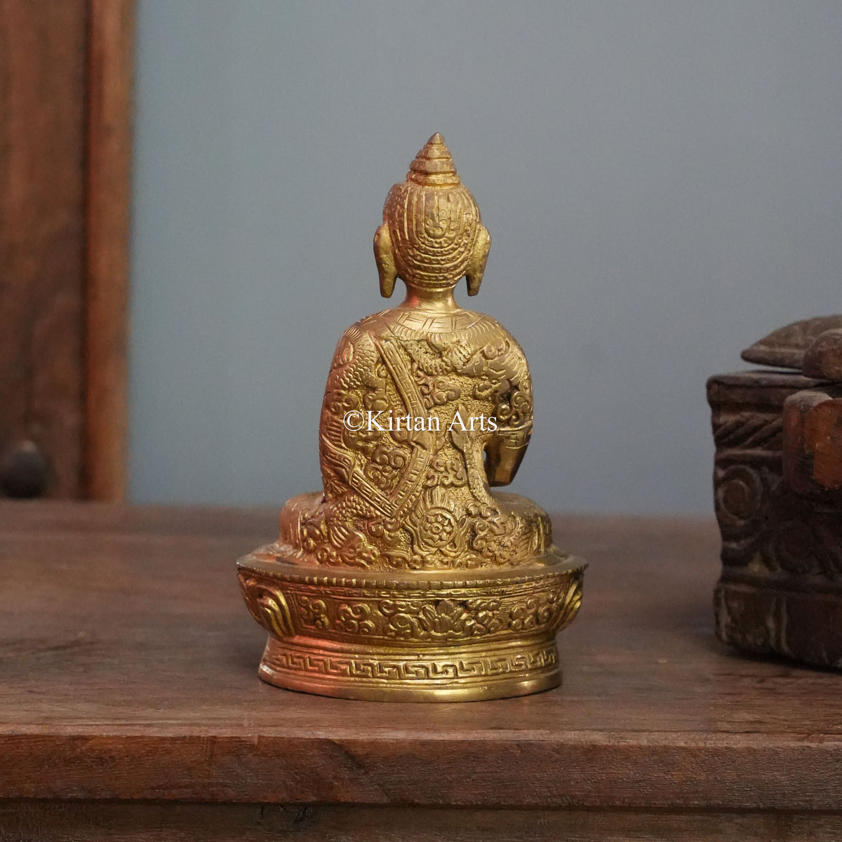 Polished Brass Buddha with Engraved Dragon Robe 7"