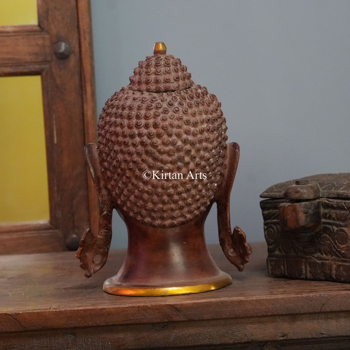 Mahogany Brass Buddha Head with Gilded Ear Ornaments 11"