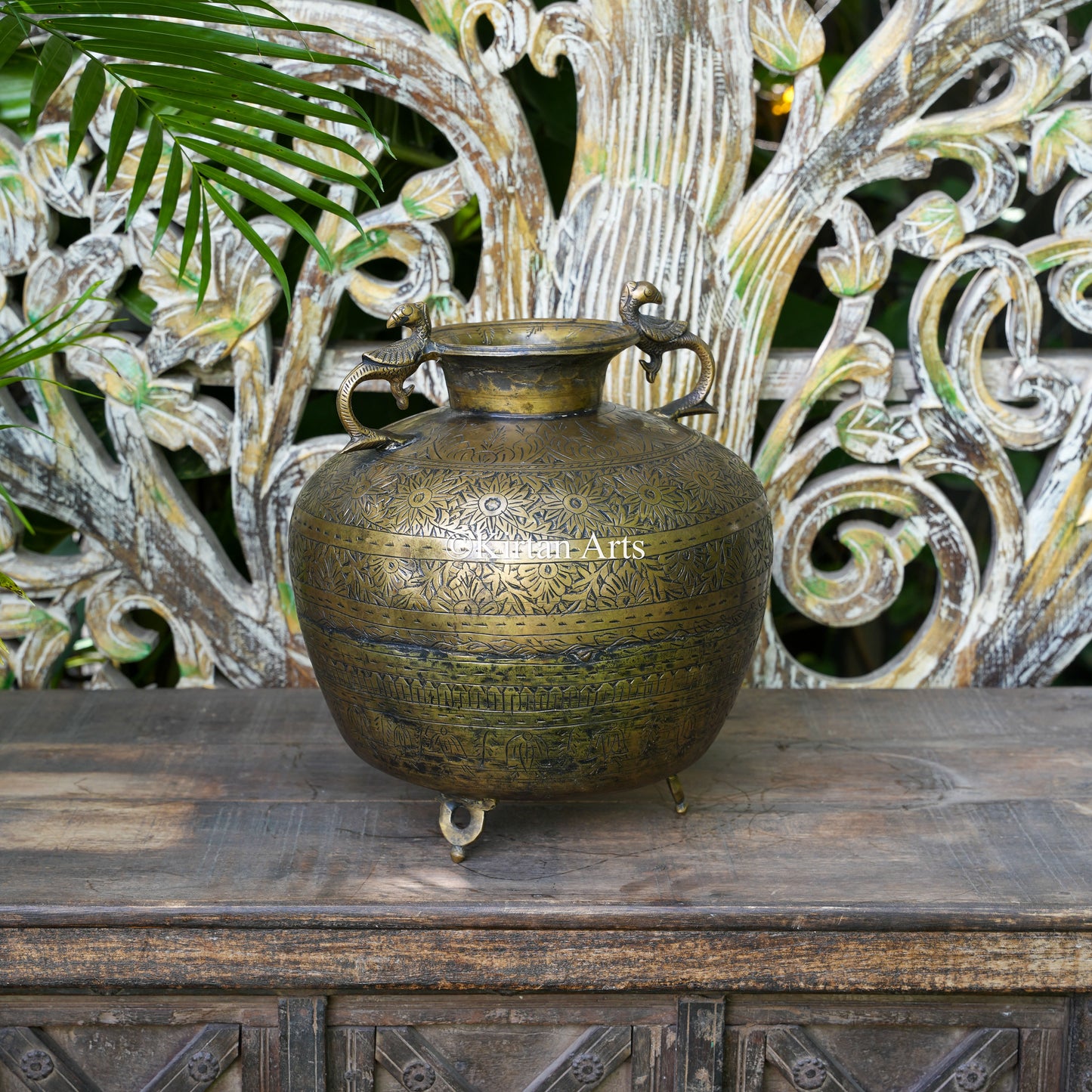 Brass Vintage Carved Planter with Peacock Handles 13"