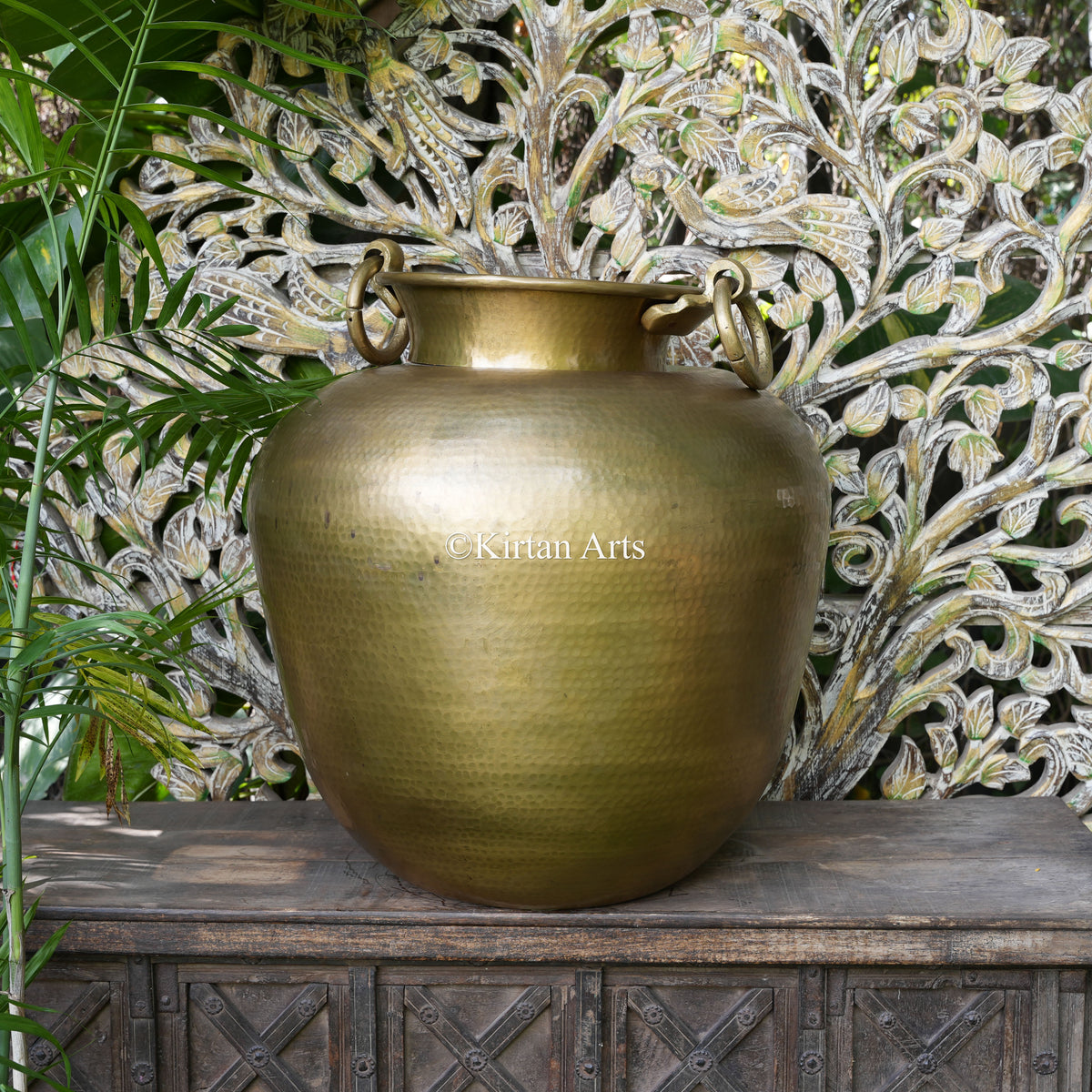 Large Hammered Brass Pot with Ring Handle 25.5"
