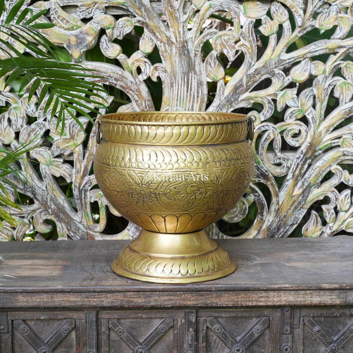 Brass Vintage Carved Pedestal Urn with Peacock Medallions 15" | Lightweight